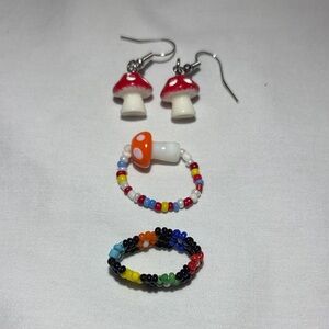 Handmade Kids Mushroom Earrings and Beaded Rings Set - Red, Orange, Multicolor